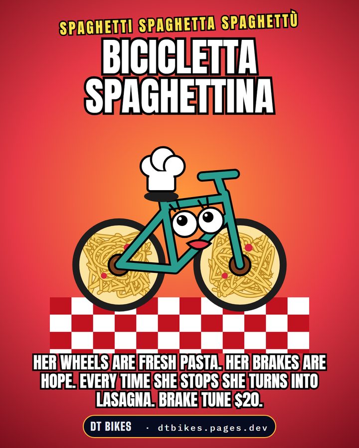 Bicicletta Spaghettina: a bike with spaghetti wheels and a chef hat