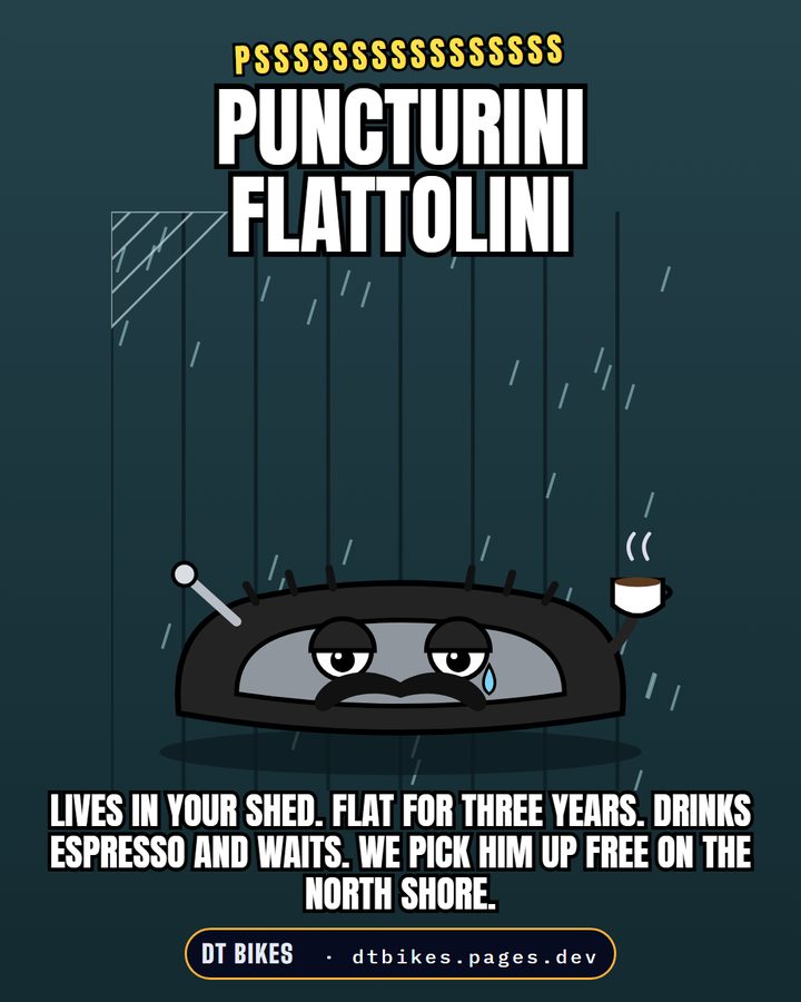 Puncturini Flattolini: a flat tyre with a moustache drinking espresso
