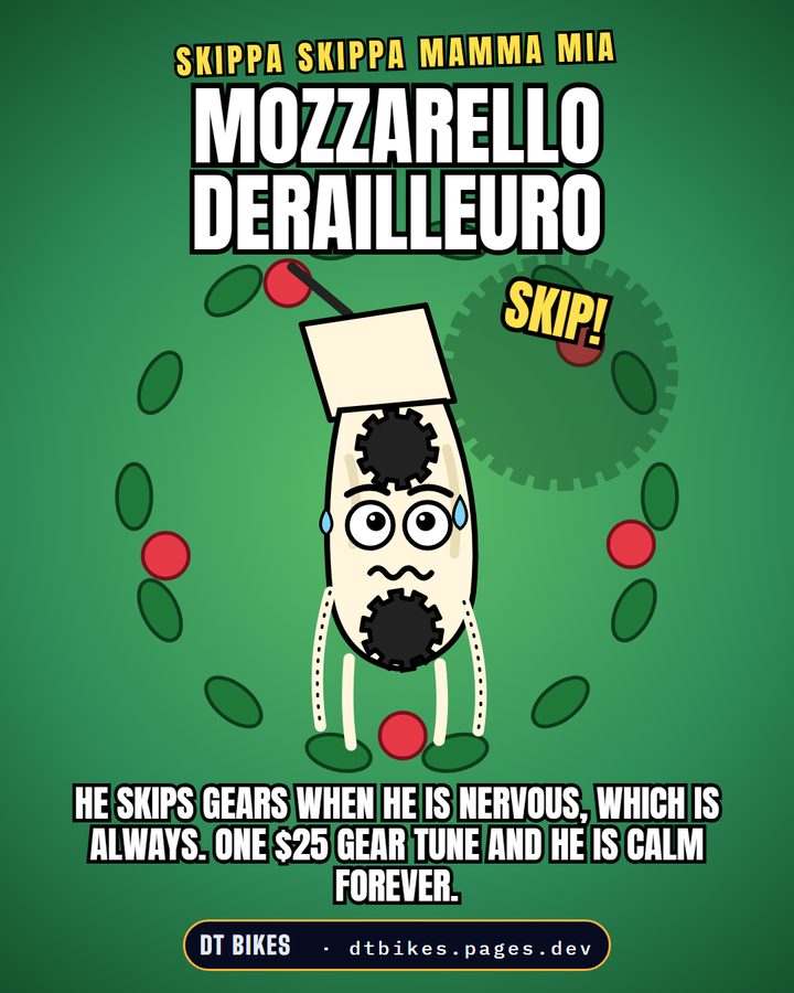 Mozzarello Derailleuro: a nervous mozzarella derailleur